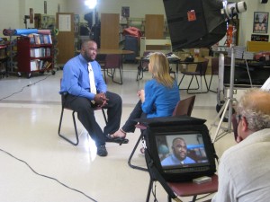 Chimaobi Amutah being interviewed by Michelle Kosinski